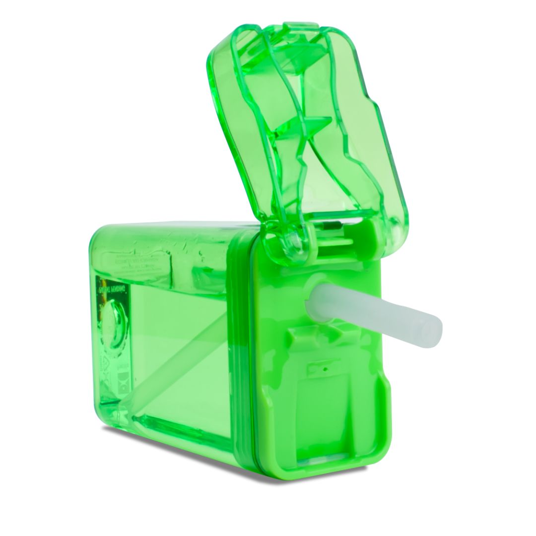 Green transparent plastic device with a straw on a white background